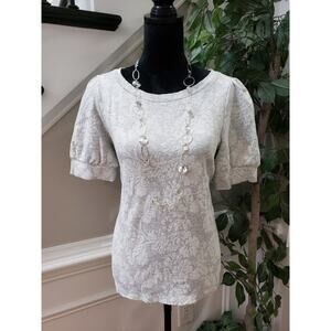 LOFT Womens White Floral Cotton Casual Round Neck Short Sleeve Top Blouse Medium